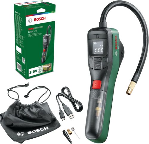 Pompă electrică Bosch EasyPump - Mini compresor cu acumulator de 3.0 Ah, funcție Autostop, 10.3 bar, încărcare USB-C, display LED
