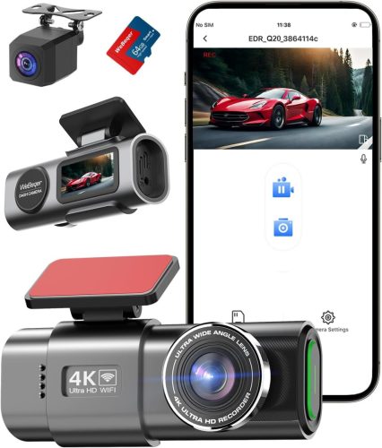 WeBeqer Cameră Auto cu WiFi pentru Înregistrare Video, Rezoluție 4K+1080P, Cameră Față-Spate, Card SD de 64GB, Unghi de Vizualizare 170°+140°, Vedere Nocturnă, Senzor-G